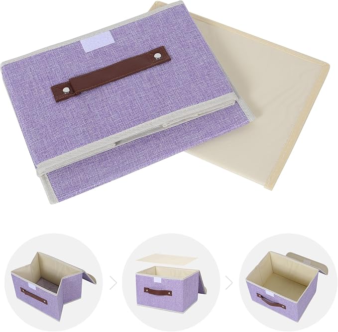 ANMINY Fabric Storage Box Bins with Lids, Purple, 10"x8"x7" | Keepsake Memory Storage, Cotton Linen, PP Board Reinforced, Washable, PU Handles, Foldable & Stackable, Decorative, Small - Image 8