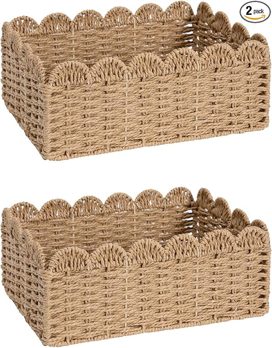 2 Pack Foldable Scalloped Basket, Handwoven Wicker Storage Baskets for Shelves Books Toys Towels, 14" L x 10.5" W x 6" H Natural Paper Rope Rattan Baskets for Organizing Boho Farmhouse Home Decor by Unknown