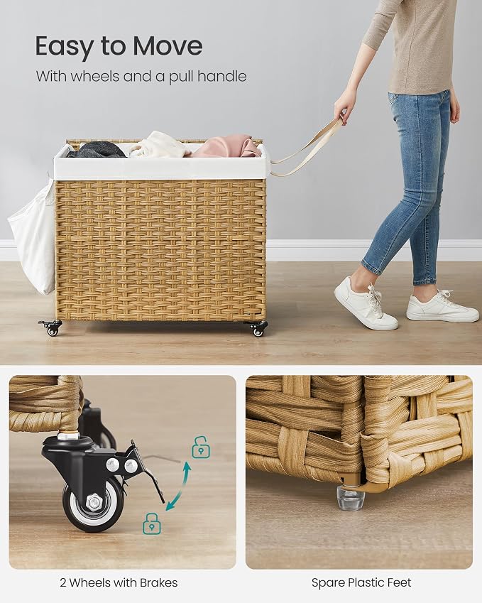 SONGMICS Laundry Hamper with Lid, 42.3 Gallons (160 L), Rolling Laundry Basket with Wheels, 3-Section Synthetic Rattan, Removable Liner, Bedroom, 29.9 x 13 x 26 Inches, Natural ULCB365N01 - Image 4