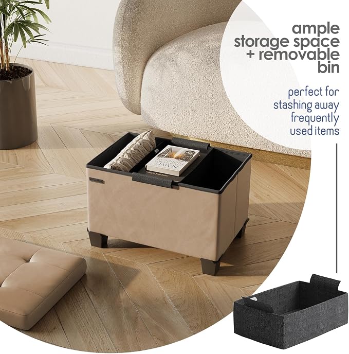 Storage Ottoman Cube with Small Bin, 16-in Square Ottoman with Storage for Living Room and Bedroom, Small Ottomans Foot Rest, Leather Foot Stools Ottomans Max 330lbs, Taupe - Image 3