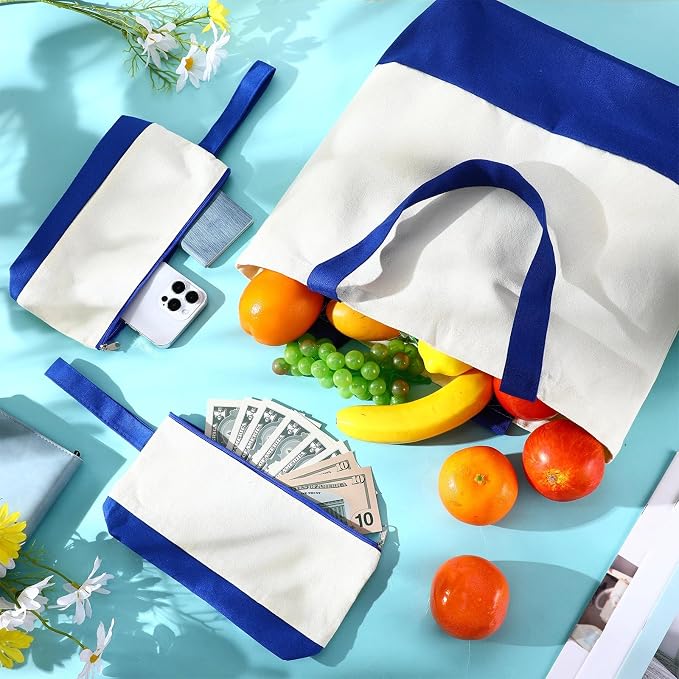 Sanwuta 30 Pcs Canvas Tote Bags Bulk with Zipper Cosmetic Pouch,Navy Blue | 18.5" Reusable Cotton Shopping Bag with Handle for DIY Craft - Image 2