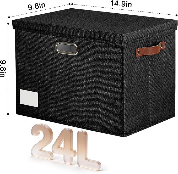 15" Fabric Storage Box with Lids, 3-Pack, Black | Stackable, Foldable, 2 PU Handles and 2 Metal Handles, Decorative Fabric, For Home, Bedroom, Closet, Office, Nursery - Image 2