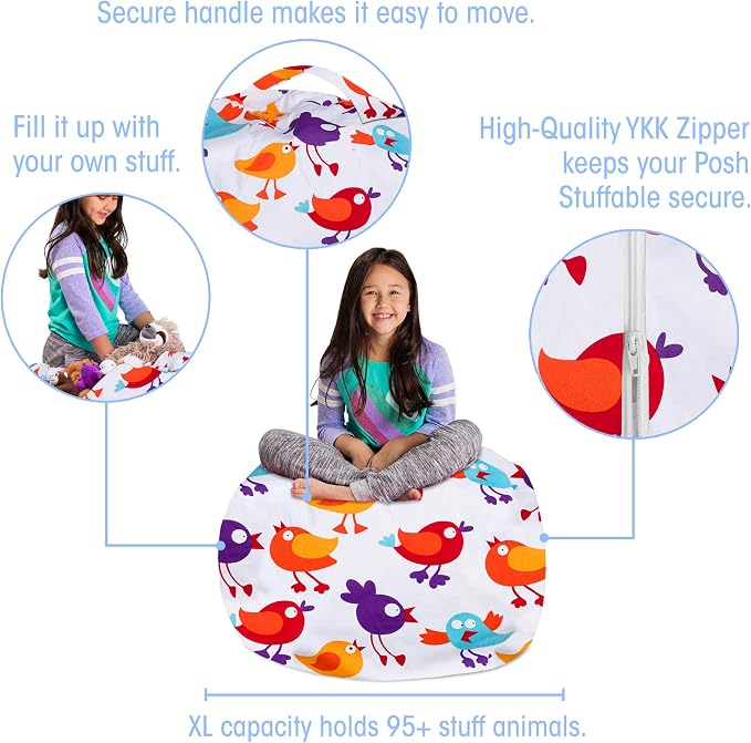 Posh Stuffable Kids Stuffed Animal Storage Bean Bag Chair Cover - Childrens Toy Organizer, Large 38" - Canvas Birds on White - Image 2