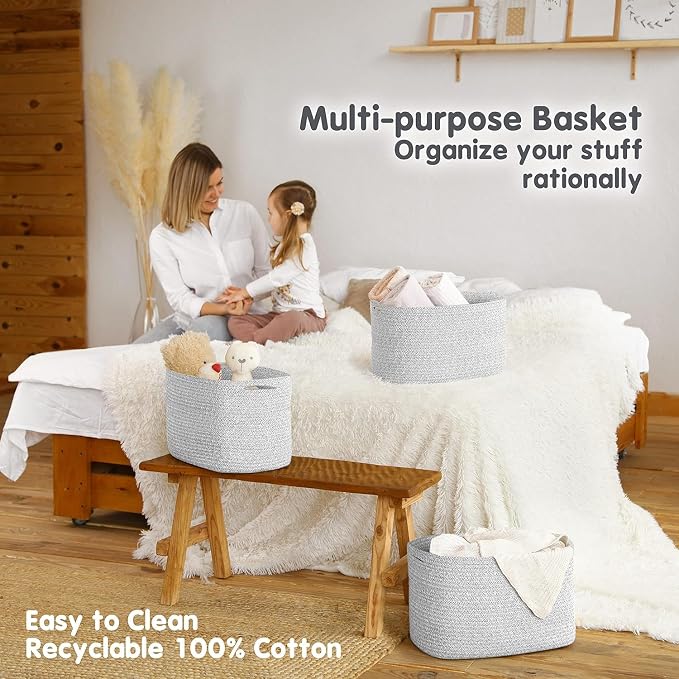 CHAT BLANC Cotton Rope Baskets for Organizing, Shelves, Toys, Storage, Shoe, Bathroom, Laundry, Towel, Nursery, Home Decor, Blanket, Cloth Woven Bins Fabric (Gray7, 15"x10"x9") - Image 5