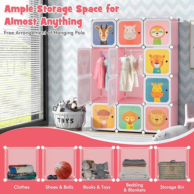 HONEY JOY Kids Wardrobe Closet, Baby Cartoon Clothes Storage Organizer, 12 Cubes & 2 Hanging Sections, Portable Children DIY Modular Bedroom Armoire Dresser Cabinet for Boys Girls (Pink) - Image 6