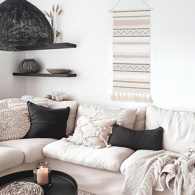 BlissBlush Long Vertical Wall Hanging Tapestry Woven Boho Farmhouse Decor Black Beige Cream Tassel Handmade Wall Art Decoration for Bedroom Living Room Dorm Nursery Apartment, 16x39 INCH - Image 6