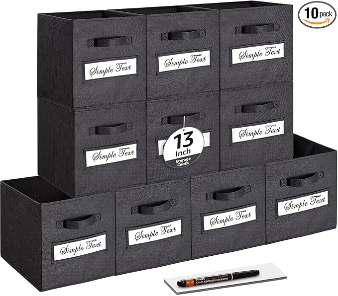 13x13x13 storage cube bins (Set of 10) Fabric storage cubes with 10 Labels Window Cards & a Pen, storage cubes 13x13, Collapsible 13 inch cube storage bins, Cubby Organizer Boxes, Black by Artsdi