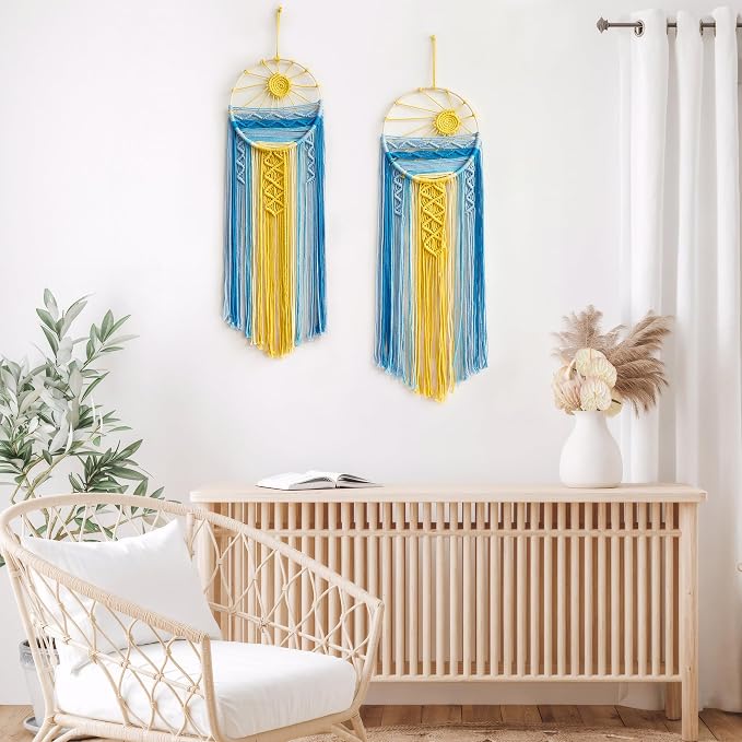 Artilady 2 Pack Macrame Hanging Tapestry Sun Wall Decor, Boho Dream Catcher | Large Tapestry, Handmade Woven, Farmhouse Rustic, Blue Sun Wall Art Set, Bedroom Living Room Entryway Home Decor - Image 6