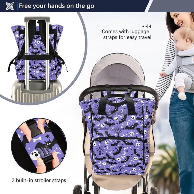 Mnsruu Diaper Bag Bats Satellites Skulls and Trees Large Changing Backpack Multifunction Travel Tote Mommy Bag Baby Diaper Backpack for Mom Dad - Image 3