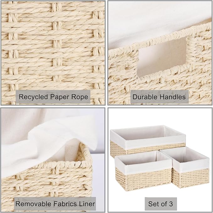 Wicker Basket, Set of 3 Hand-woven Storage Baskets for Organizing, Decorative Bathroom Wicker Storage Basket Bins with Handles, Small Toilet Paper Storage Baskets for Shelves & Decor, Beige - Image 2
