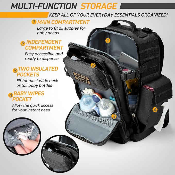 SHARKMOUTH Diaper Bag Military for Men - Large Baby Backpack with Changing Pad for Active Dad - Insulated for Outdoor Travel Camping Park Trips Black - Image 6
