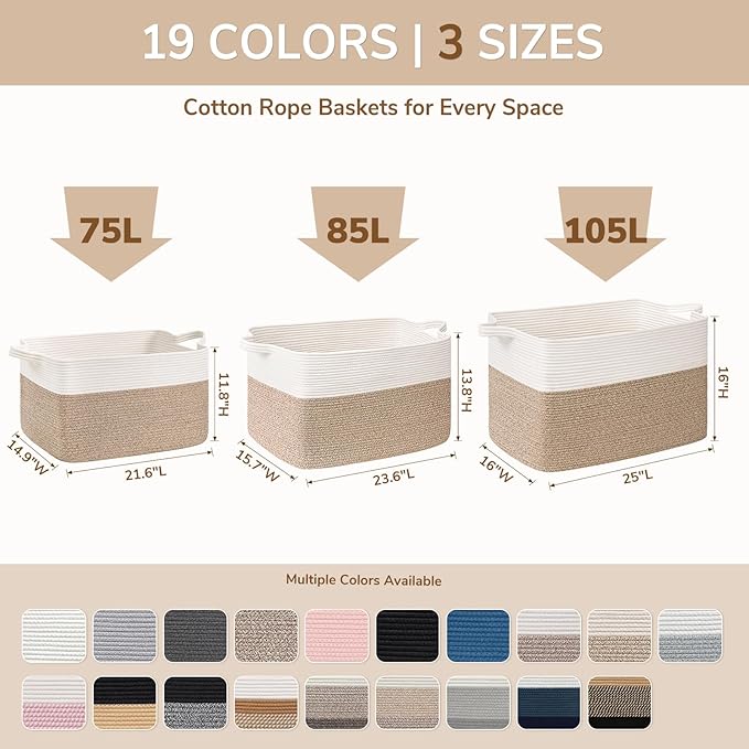 Goodpick 105L Extra Large Woven Rope Blanket Basket, Rectangle, Gray | 25'' x 16'' x 16'' Storage Basket for Blankets, Pillows & Clothes, Living Room & Bedroom Organization, Reinforced Handles - Image 6