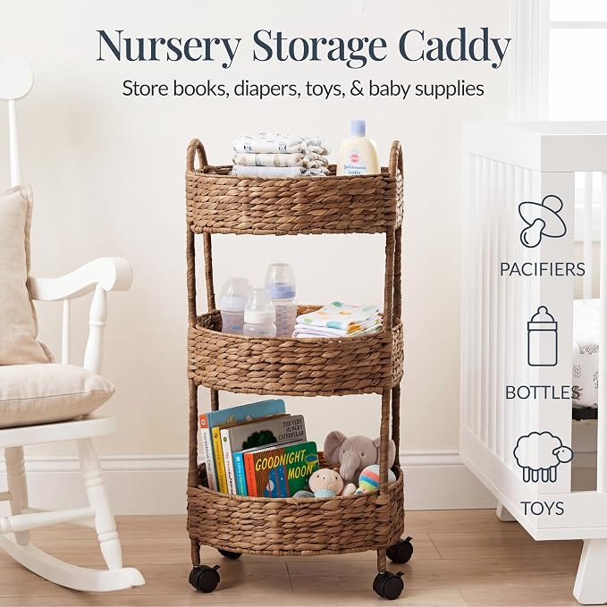 Best Choice Products 3-Tier Round Rolling Nursery Caddy w/Wheels, Handwoven Utility Cart, Storage Organization for Bathroom, Craft Room, Laundry Room - Chestnut - Image 3
