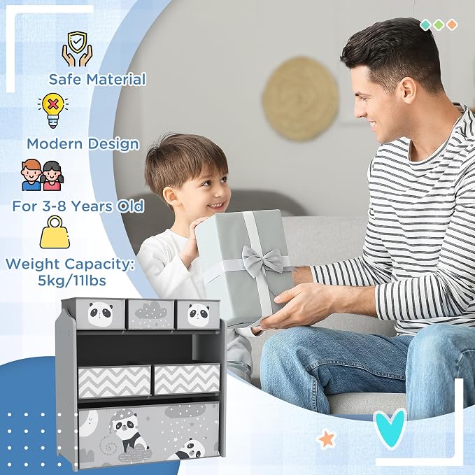 Qaba Toy Organizer with 6 Storage Bins for Bedroom, 25" x 12" x 26", Gray | Kids Storage Unit, Kids Room - Image 7
