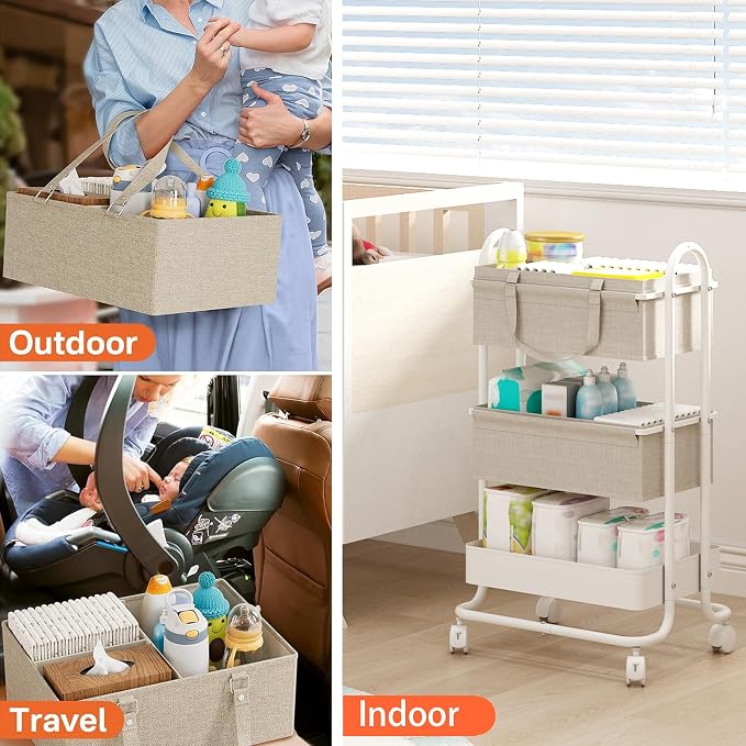 2In1 Baby Diaper Caddy Organizer with Dividers,3-Tier Diaper Rolling Cart,Mobile Metal Utility Cart for Baby Nursery,Baby Bedside Cart, Large Capacity - Image 4