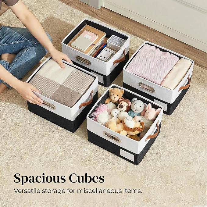 Storage Bins with Lids [3-Pack] Linen Fabric Foldable Storage Boxes Organizer Containers Baskets Cube with Cover for Bedroom Closet Office Black & White（11.4X8.6X6.7 - Image 2