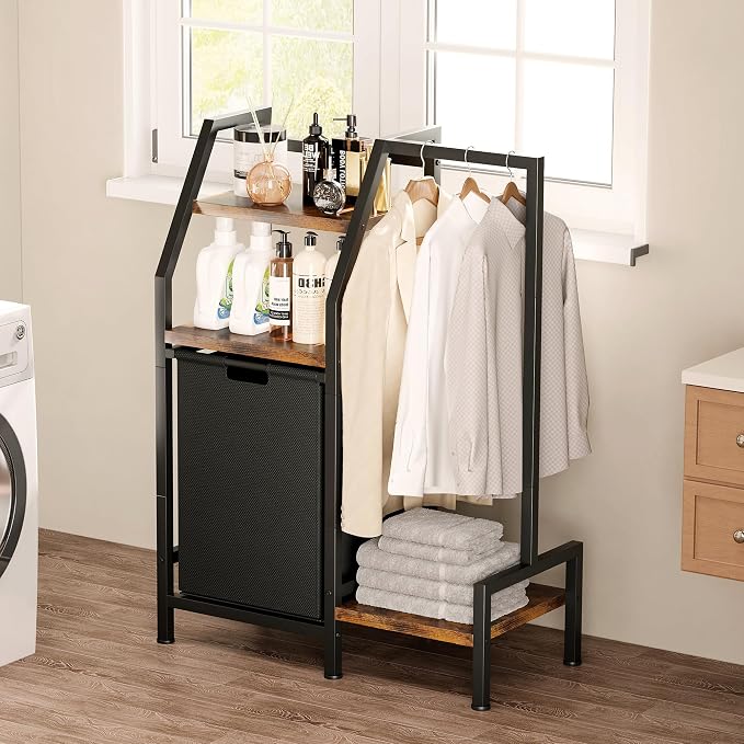 Laundry Hamper with Hanging Rack and 3 Shelves, Large Laundry Storage Basket, 3-in-1 Vertical Laundry Sorter, Laundry Room Organizer Storage for Small Spaces - Image 2