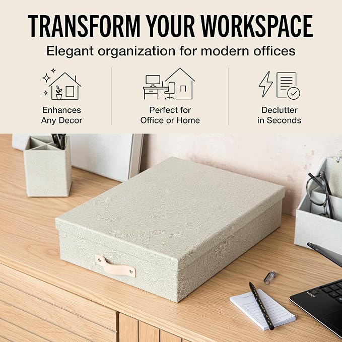 Bigso Oskar Fiberboard Document Storage Box with Lid for A4 and Letter Size Papers - Stylish, Sturdy, and Stackable Keepsake Box with Leather Handle - W10.2in x D13.8in x H3.3in - Waves Gold - Image 2