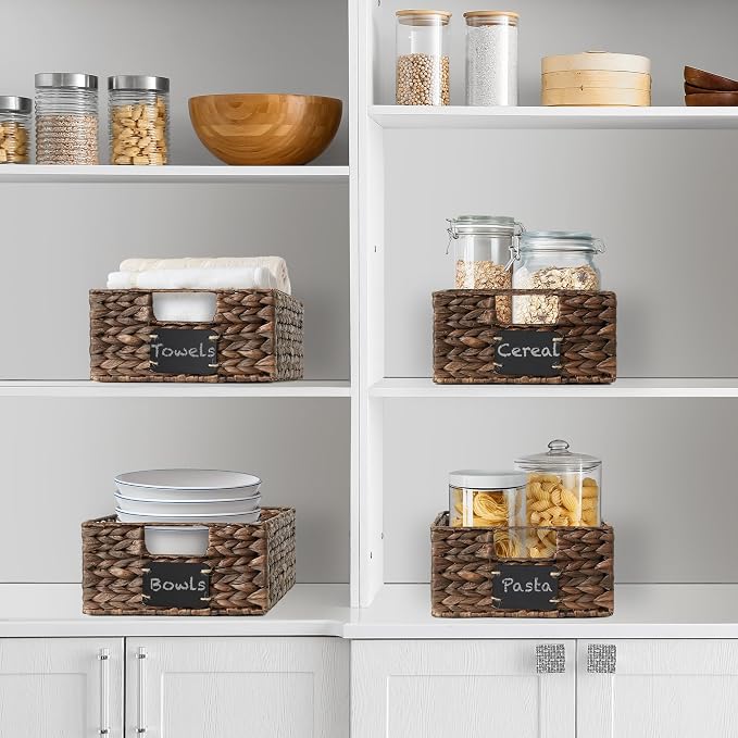 Casafield Set of 4 Water Hyacinth Pantry Baskets, 10" x 13" x 5", with Chalkboard Labels and Chalk Marker - Espresso, Woven Storage Bin Organizers for Kitchen Shelves - Image 2