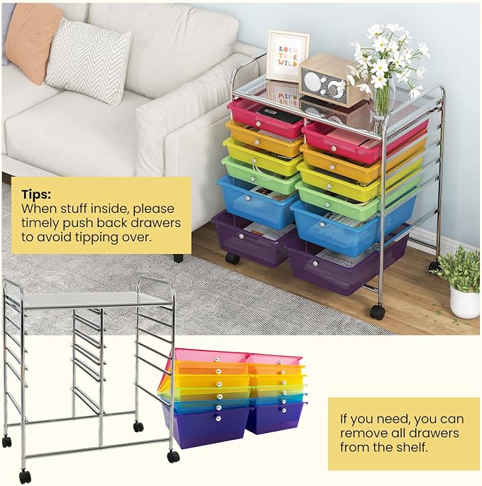 12 Drawer Rolling Storage Cart, Craft Cart Organizer on Wheels w/Metal Frame, Large Capacity & Smooth Drawer, Rolling Cart w/Drawers for Classroom, Office - Image 5