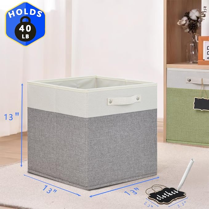 13x13x13 Storage Cube Bins 4 Pack,Collapsible Fabric Storage Cubes with Labels,Linen Cube Storage Organizer Bins with Cotton Handles,Square Storage Cubes for Home,Office,Clothes,Cabinet(White Grey). - Image 5