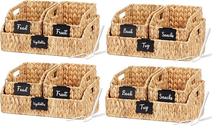 Wicker Baskets for Organizing,Pantry Baskets with Built-in Handles, Handwoven Wicker Storage Basket, Water Hyacinth Storage Bins for Shelves, 3 Pack, Natural 4 Set by Unknown