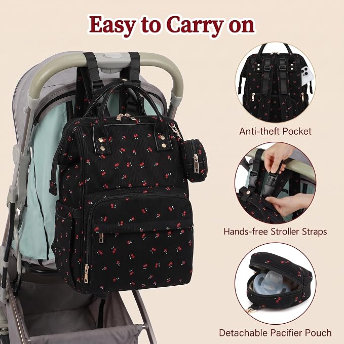 Baby Diaper Bag Backpacks for Mom Dad, Corduroy Large Capacity Multifunction Nappy Bag with Pacifier Case, Baby Travel Essentials Diaper Backpack for Boys Girls - Cherry Black - Image 7
