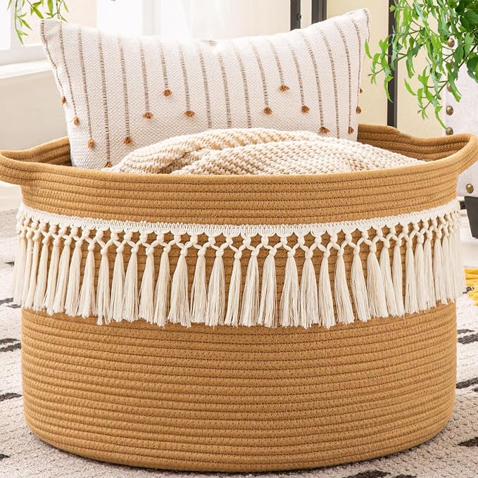 KAKAMAY Large Blanket Basket with Handles, Storage Basket for Living Room | Extra Large Capacity | Natural Cotton Rope | Blanket Storage | Woven Storage Basket | Stuffed Animal Storage | Laundry Basket by KAKAMAY