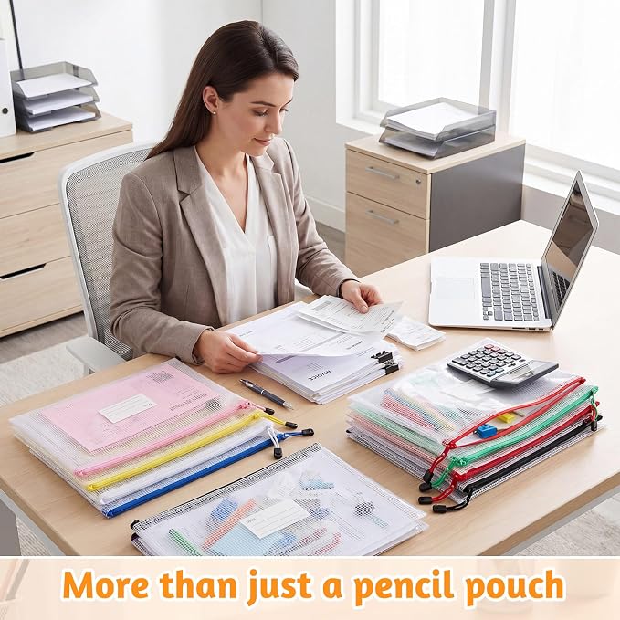 Handepo 100 Pcs A4 Mesh Zipper Pouch Bags with Label Pocket 13 x 9.45 Inch Waterproof Small Zipper File Bags Bulk Color Pencil Document Multipurpose Pouches for Office Travel Puzzles Games Organizing - Image 7