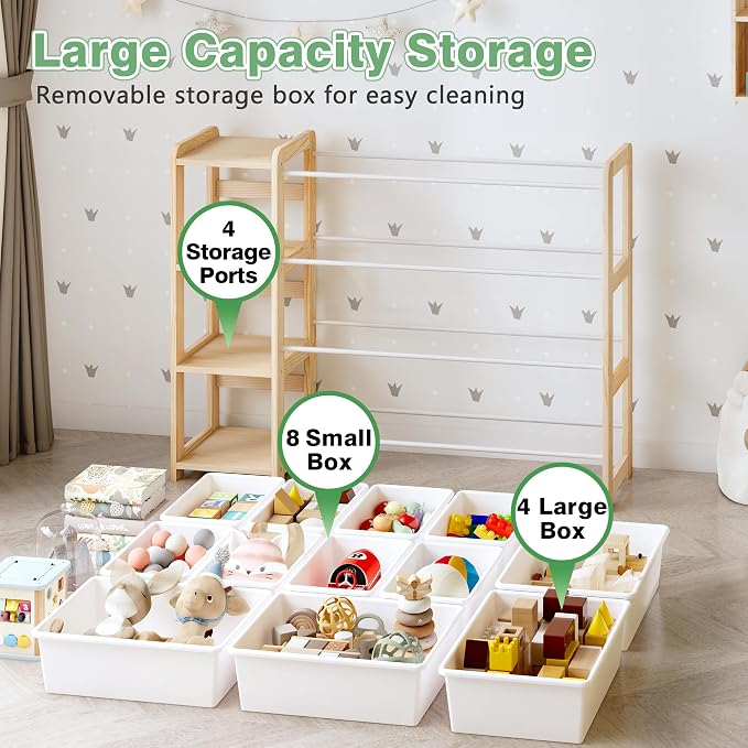 MallBest Toy Storage Organizer with Bookshelf, Kids Wooden Shelf with 12 Removable Bins for Books, Toys, Playroom, Nursery, Bedroom, Natural, Medium - Image 8