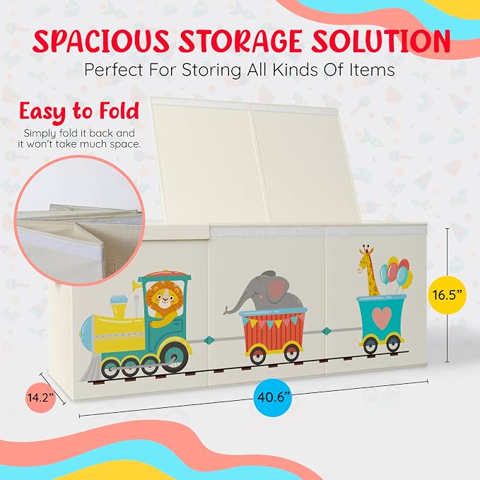 Extra Large Collapsible Sturdy Toy Storage Organizer with Lids, Animal Train Toy Box for Boys Girls, 40"x16"x16", Modern, Beige - Image 2