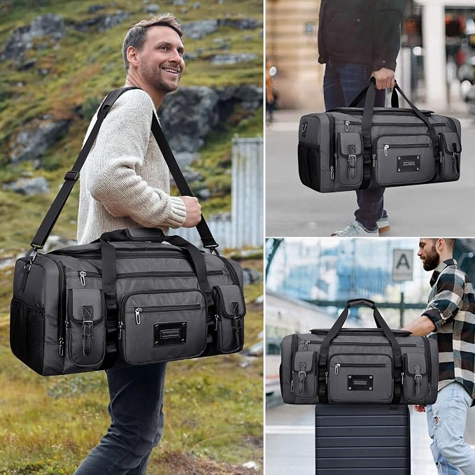 WITZMAN Duffle Bag for Men Large 54L Travel Duffel with Shoe Compartment | Water-resistant Nylon, Dry-wet Pocket, Fits 16" Laptop, Convertible for Gym, Weekender, Sports, Overnight, B717 Silvery Grey - Image 2