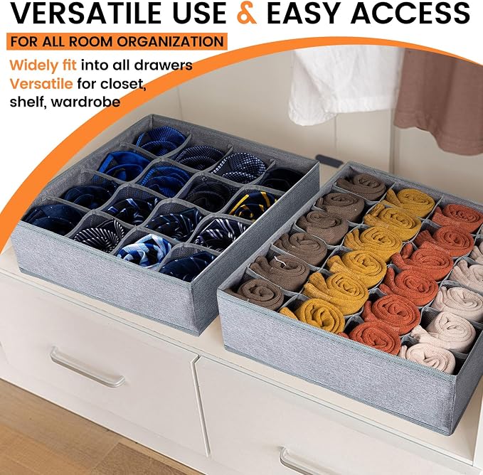 3 Pack Sock Underwear Drawer Organizer Dividers, 64 Cell Fabric Foldable Dresser Organizer for Closet Organizers and Storage Boxes for Organizing Socks, Underwear, Ties (16+24+24 Cell, Gray) - Image 6