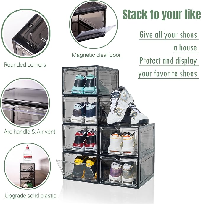 ZLLZUU Shoe Shoe Storage Boxes, 6 Pack Stackable Shoes Organizer Black | Clear Drop Front, Dustproof Magnetic Door, Stackable Containers, for High-Top Sneakers, Durable and Sturdy, Easy to Assemble - Image 3
