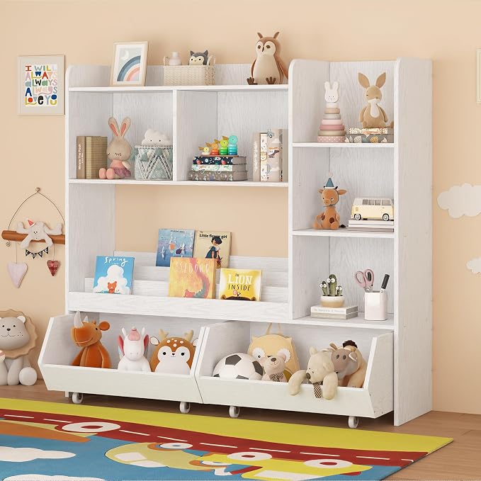 ZOPEND Kids Bookshelf and Toy Storage Organizer with 2 Rolling Bins, 5-Tier Open Wooden Bookcase for Children's Bedroom Playroom Nursery, Montessori Toddler Book Shelf with Display Rack, White - Image 4
