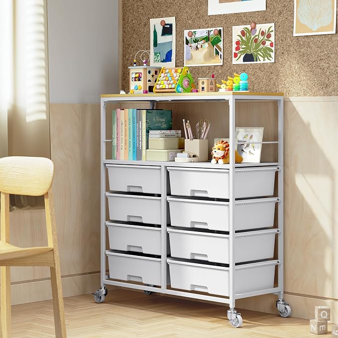 Rolling Storage Cart with 8 Large Drawers, Wooden Tabletop | Open Storage Shelves, Mobile Craft Organizer with Lockable Wheels for Home, Classroom, Office Supplies & Art Studio,White - Image 7