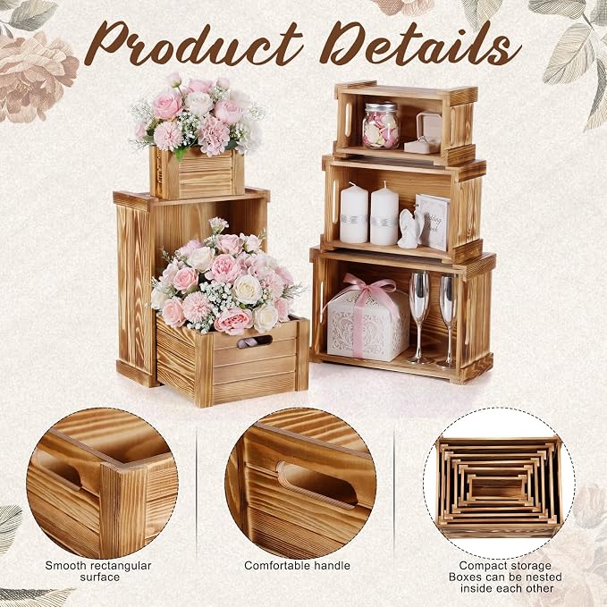 AceOrbit 6 Pcs Decorative Wood Crates for Storage Display 6 Size Rustic Nesting Crates with Handle Farmhouse Wooden Container Boxes for Wedding Bride Shower Party Market Farmers Decor(Wood Color) - Image 4