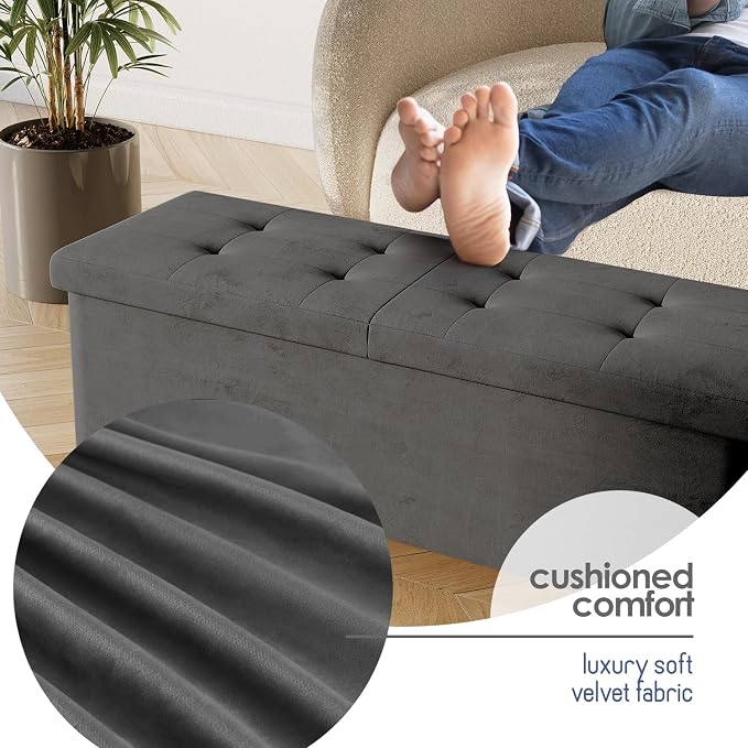 Storage Ottoman Bench with Bins, 43-in Storage Bench for Bedroom End of Bed, Folding Foot Rest Ottoman for Living Room Max 660lbs, Velvet Ottomans, Grey - Image 7