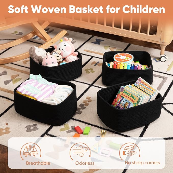 OIAHOMY 4 Pack 14.17 * 11.02 * 6.3IN Storage Baskets for Organizing Shelves, Woven Rope Baskets for Organizing Books, Clothes, Decorative Basket for Living Room, Nursery, Bedroom, Gift Basket, Black - Image 4