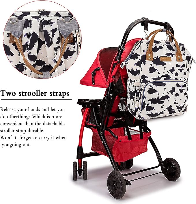 MCWTH Cow Print Diaper Bag Backpack Set for Baby Girls Mom, Large Capacity Multi-Function Nappy Bags Organizer - Image 5