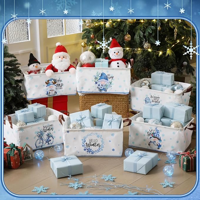 CHENGU 6 Pack Winter Storage Basket Collapsible Snowflakes Basket for Gifts Gnomes Holiday Decor Large Snowman Bin Foldable Blue Hello Winter Box with Handle for Bedroom Office Home - Image 7