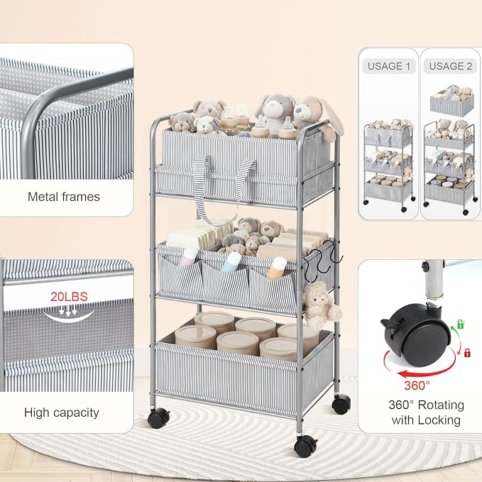 WILLBOND 2 in 1 Baby Diaper Caddy Organizer Cart, 3 Tier Large Stripe Bedside Rolling Cart Metal for Baby Essential with Divider for Newborn Registry Must Have Nursery Bedroom Mother Gift(Gray) - Image 3