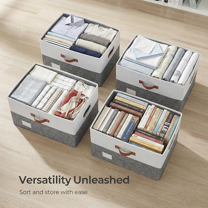 Storage Bins with Lids [3-Pack] Linen Fabric Foldable Storage Boxes Organizer Containers Baskets Cube with Cover for Bedroom Closet Office Grey&White (23.4X15.9X11.4) - Image 6