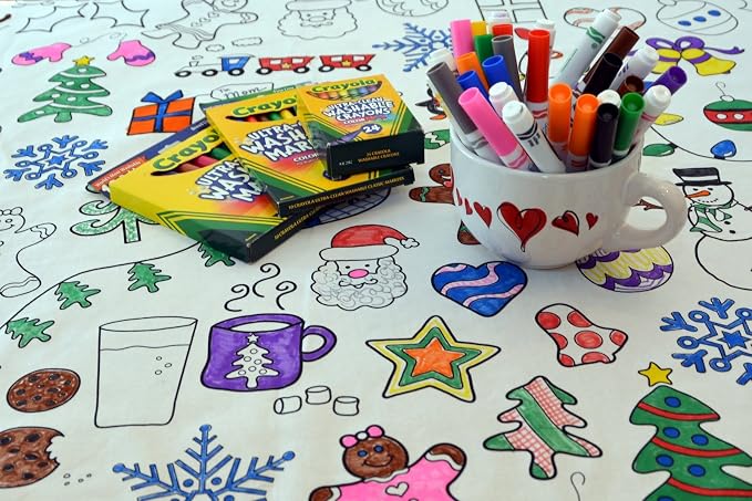Holiday Design – Square Tablecloth 60”X60” – Interactive Coloring Tablecloth for Kids – Poly/Cotton Fabric - Washable and Reusable – DIY Coloring Activity for Children and Adults by TheColoringTable