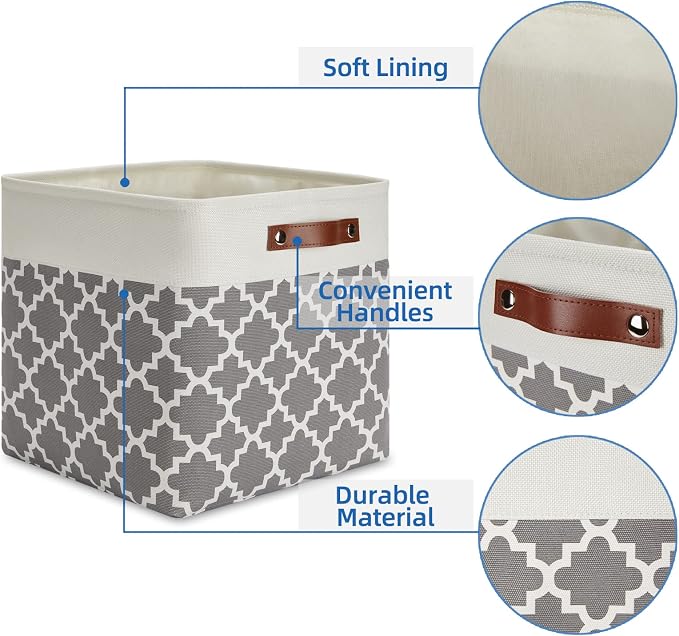 Temary 13ﾗ13ﾗ13 Foldable Storage Cube Baskets Fabric Cube Storage Basket for Organizing Cloth Storage Bins with Leather Handles for Gifts Empty, Closet (Grey Lattice) - Image 3