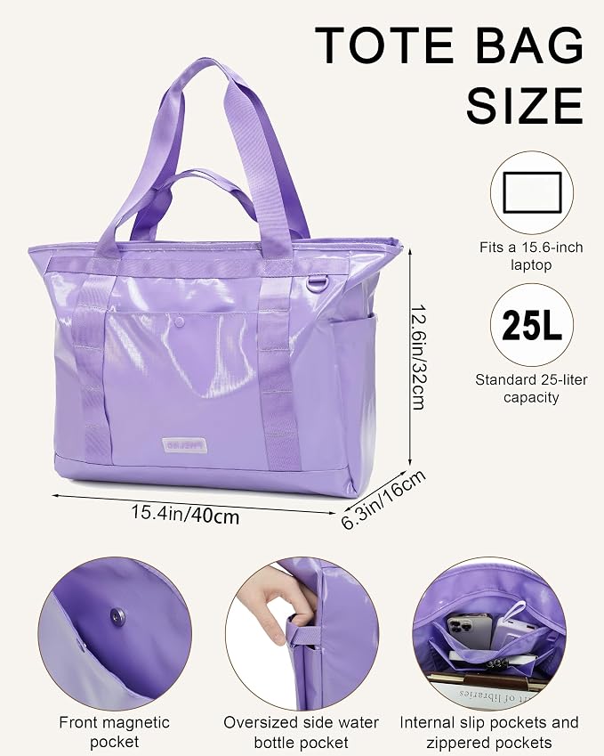 FHELAD Extra Large Glossy Tote Bag for Women, Beach Shoulder Bag 25L | Waterproof Sandproof, 15.6" Laptop Compartment, Luggage Strap, Work, Travel - Image 2