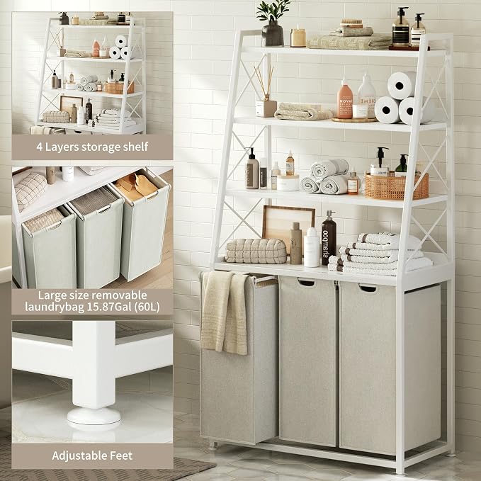 Herture 3 Section Laundry Hamper Laundry Basket with 4 Tiers Shelf | Laundry Sorter with Pull-Out Removable Large Bags, 4 x 15.87 Gallons, Metal Frame, for Laundry Room Bathroom, White PF05XLW - Image 4