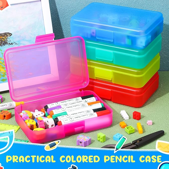 Zhehao 20 Pack 8''x5.5''x2'' Clear Pencil Boxes with Lids,Colorful | Bulk Clear Plastic Pencil Box, Stackable Crayon Pencil Case for Students, Large Pen Boxes for Kids, Back to School Supplies - Image 5