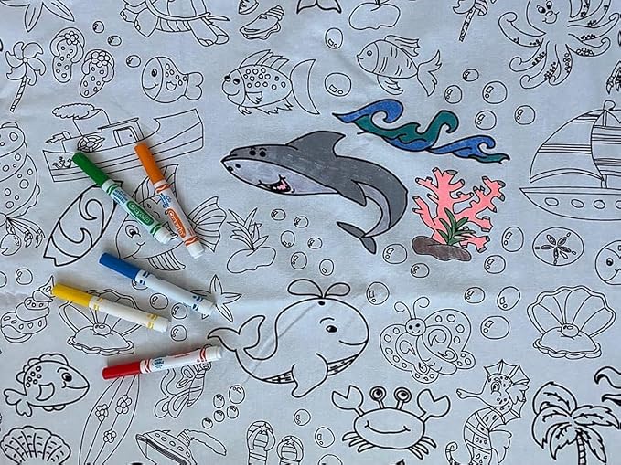 Oceantime Fun Design – Rectangle Tablecloth 60”X84” - Interactive Coloring Tablecloth for Kids – Poly/Cotton Fabric - Washable and Reusable – DIY Activity for Children and Adults by TheColoringTable