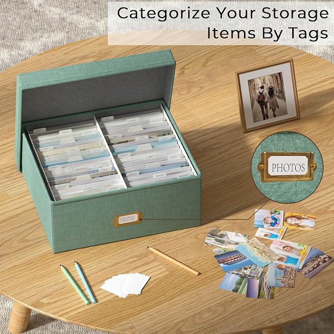 Decorative Photo Storage Box, Linen Photo Box Holds 1700 4x6 Pictures Green | Photo Storage Containers with 8 Dividers, Memory Keepsake Organizer for Photos, Scrapbook Supplies, Cards, Stamps,Archive Box - Image 7